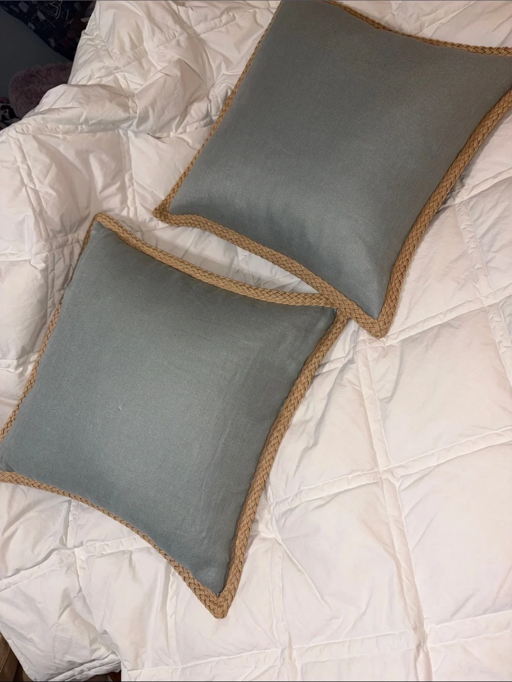 Set of 2 Like new Pottery Barn Linen Jute Trim Pillow & Feather inserts